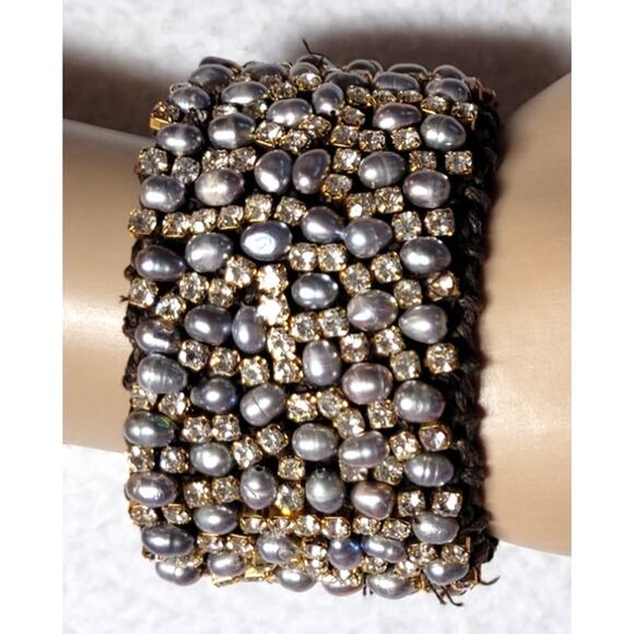 TOMMY BAHAMA Encrusted w Rhinestones Pearls Crochet Wide Statement Bracelet - Picture 1 of 6